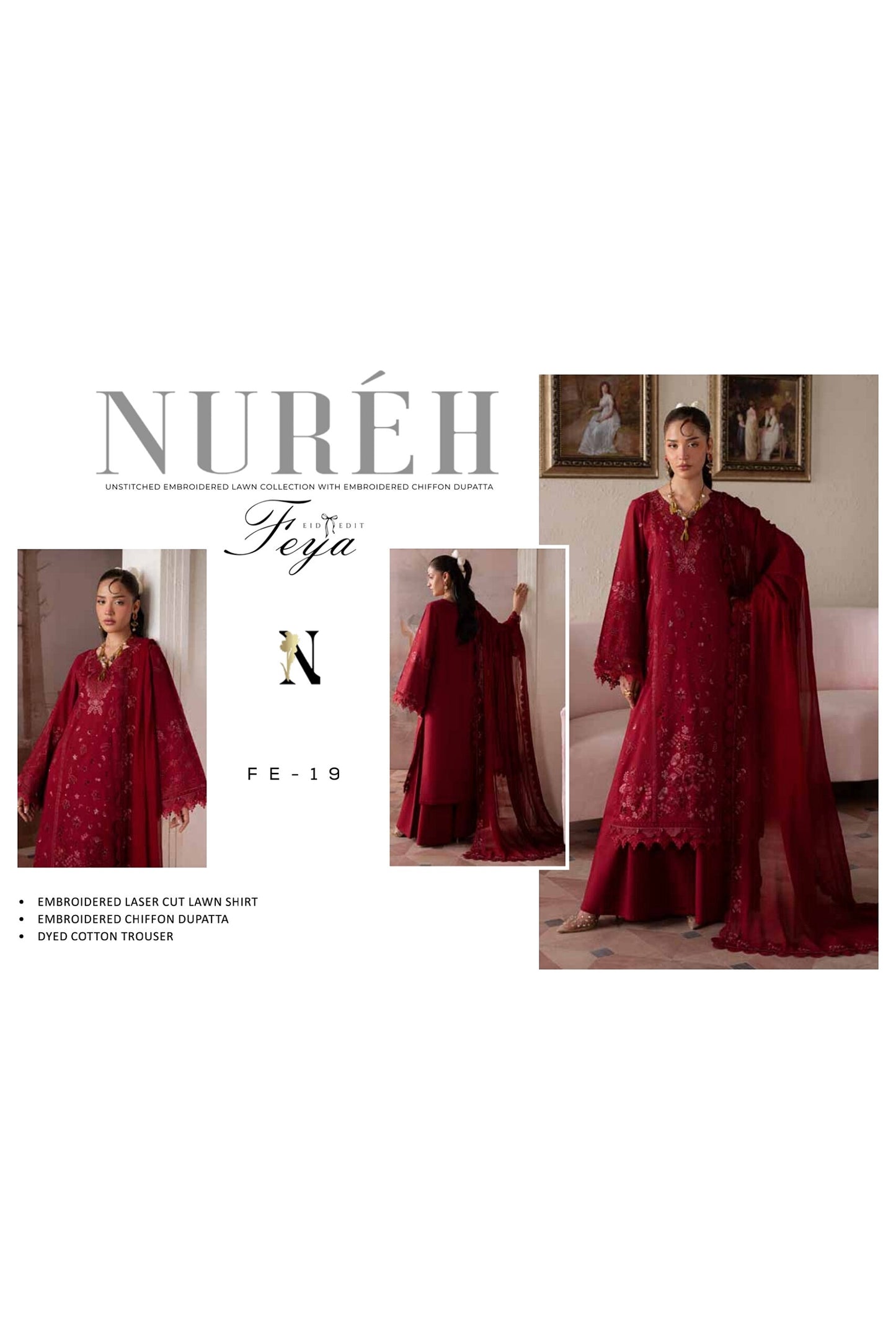 [ SUIT A ] - NUREH FEYA EMBROIDERED LAWN WITH EMBROIDERED CHIFFON DUPATTA COLLECTION 2026